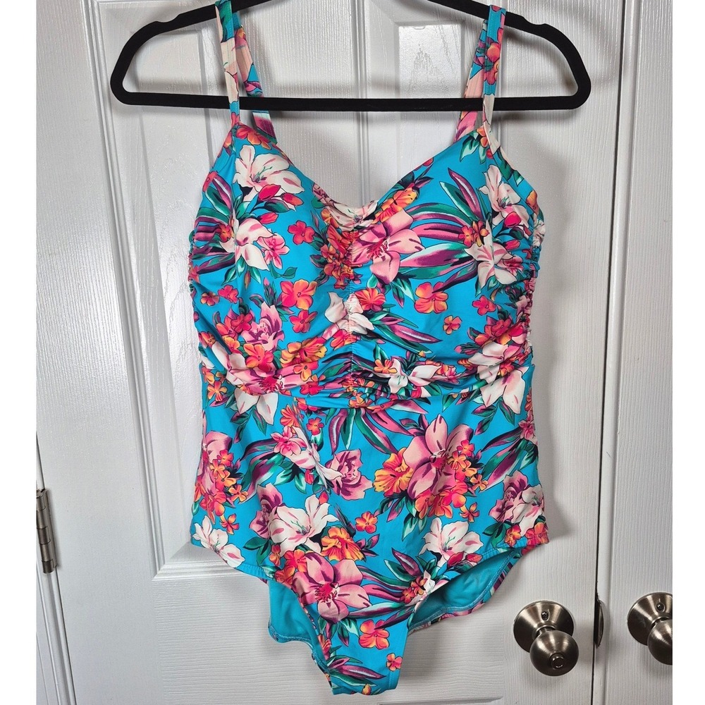 Lands' End turquoise blue floral one piece swimsuit adjustable straps womens 14